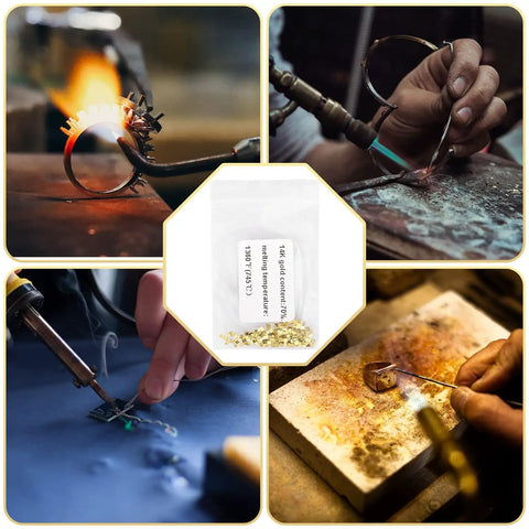 Collage of Gold-Plated Alloy Solder Chips 1x1mm, 0.5g Pack during jewelry repair and electronic welding.