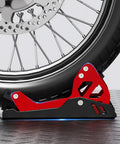 Heavy-Duty Steel Motorcycle Wheel Chock For Trailer Mount Built Tough, Anti-Rust Black And Red Finish, holding bike wheel