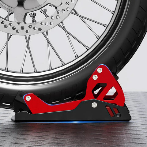 Heavy-Duty Steel Motorcycle Wheel Chock For Trailer Mount Built Tough, Anti-Rust Black And Red Finish, holding bike wheel