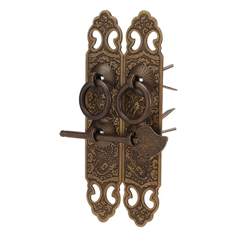 Brass Cabinet Faceplate With Lucky Pattern And Vertical Straight Handle Dope Vintage Oriental Door Pull Plate In Antique Bronze Finish
