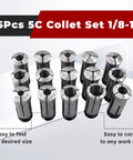 15Pcs 5C Collet Set From One Eighth Inch To One Inch For CNC Milling And Engraving Machines displayed in organized layout