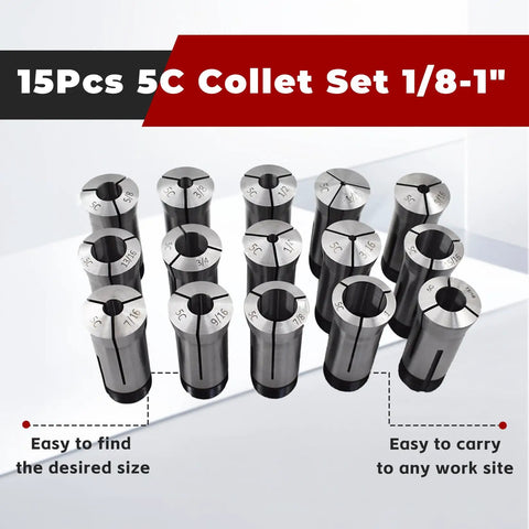 15Pcs 5C Collet Set From One Eighth Inch To One Inch For CNC Milling And Engraving Machines displayed in organized layout