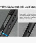 Close-up of O'Pen 3 EDC Pen Light Go-To 4 in 1 Bolt Action USB C Rechargeable Flashlight showing clip and switch mechanism.