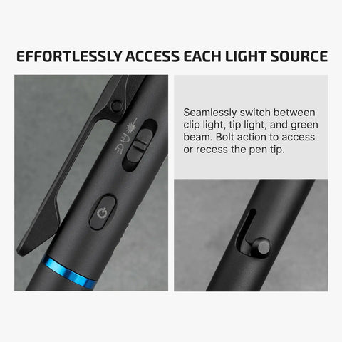 Close-up of O'Pen 3 EDC Pen Light Go-To 4 in 1 Bolt Action USB C Rechargeable Flashlight showing clip and switch mechanism.