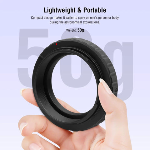 Hand holding a lightweight 50g T2 Ring Adapter with 42mm thread for Canon EOS DSLR, ideal for terrestrial and celestial imaging.
