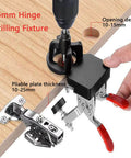 Concealed Positioning Hinge Hole Punch 35mm Door Hinge Jig With 2 Retaining Clips High Precision Aluminum Alloy DIY Cabinet Hardware Adjustable Quick Punch For Precise Hinge Holes And Easy Cabinet Installation in use on wooden board.