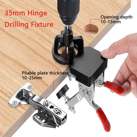Concealed Positioning Hinge Hole Punch 35mm Door Hinge Jig With 2 Retaining Clips High Precision Aluminum Alloy DIY Cabinet Hardware Adjustable Quick Punch For Precise Hinge Holes And Easy Cabinet Installation in use on wooden board.