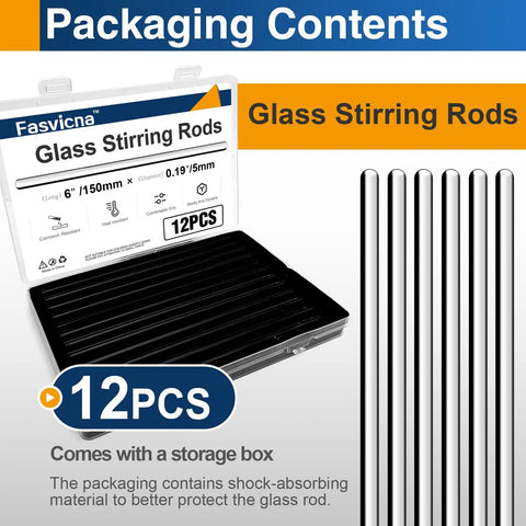 12 Pieces Pro-Grade Borosilicate Glass Stirring Rods Set, 6 Inch By 5 mm Round End, Heavy Duty Lab And Kitchen Stirring Rods With High Heat Resistance Up To 297 Degrees Fahrenheit, Ideal For Experiments And Cooking. 12pcs in storage box