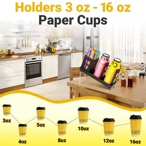 High Capacity Cup And Lid Organizer For Coffee Stations in a kitchen with paper cup and straw display