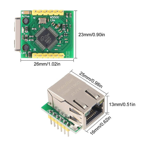 Two Pack W5500 SPI to Ethernet Converter Module With TCP IP for Arduino Builds showing circuit board and dimensions