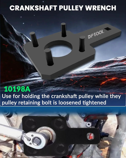 Camshaft Phaser Timing Chain Tool Kit For 3.6L Pentastar V6 Engines showing crankshaft pulley wrench tool 10198A.