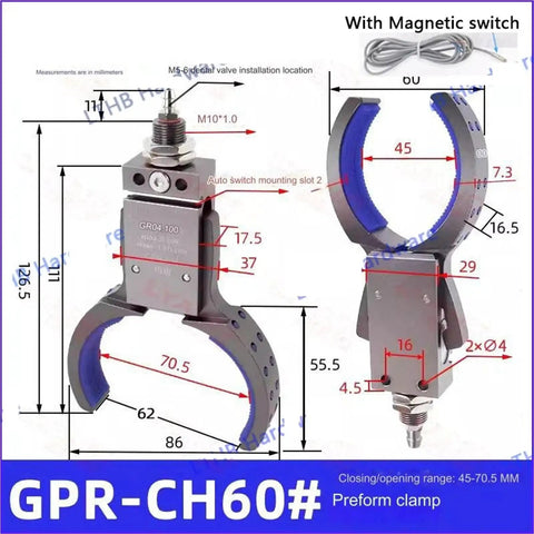 Gripper Arm Clamp With Sensor Switch And Anti Slip Pad For Bottle Preforms In Circular Automation Fixtures GPR CH60 diagram