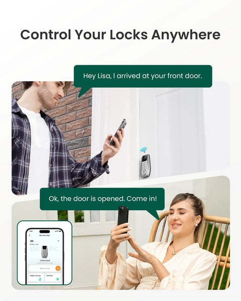 Smart Lock With Built In WiFi Keyless Entry And Display No Key Needed Front Door Deadbolt For Home And Rental Use 100 PIN Codes IP54 Weather Rating BHMA Grade 3 Security Silver in use controlling lock remotely with smartphone app.