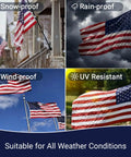 Tough As Nails 3x5 Ft US Flag For High Winds 420D Polyester With Brass Grommets Embroidered Stars And Sewn Stripes Tear Proof Outdoor Flag Ideal For Year Round Weather Resistant Display, showcasing weather resistance.