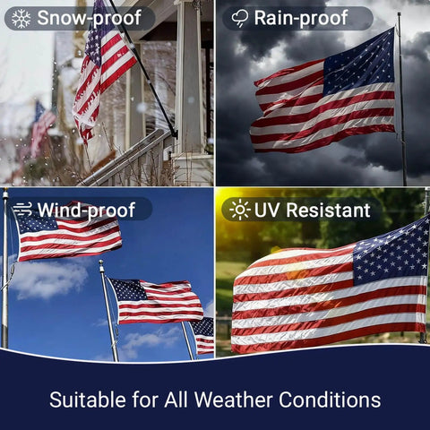 Tough As Nails 3x5 Ft US Flag For High Winds 420D Polyester With Brass Grommets Embroidered Stars And Sewn Stripes Tear Proof Outdoor Flag Ideal For Year Round Weather Resistant Display, showcasing weather resistance.