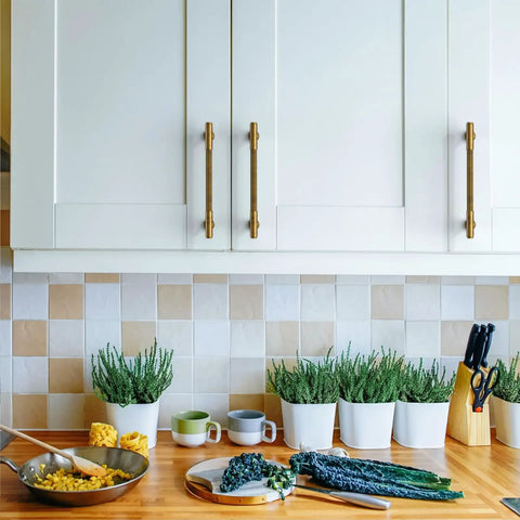 Five Inch Brushed Antique Brass Cabinet Pulls, Ten Pack on white kitchen cabinets with countertop accessories