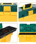 Heavy Duty Portable Plastic Toolbox With Secure Locking Latch And Multi Compartment Storage Perfect For Job Sites And Weekend Projects Tough Built Gear Chest with open lid and internal storage.