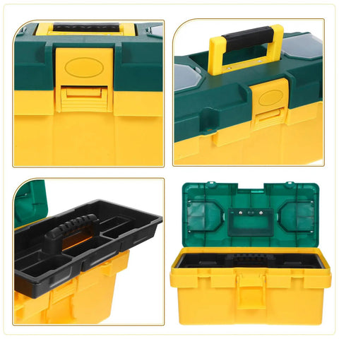 Heavy Duty Portable Plastic Toolbox With Secure Locking Latch And Multi Compartment Storage Perfect For Job Sites And Weekend Projects Tough Built Gear Chest with open lid and internal storage.