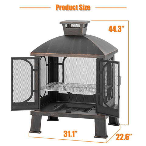 45 Inch High Metal Chiminea Fire Pit With Grill 2 In 1 Bonfire And BBQ Outdoor Wood Burning Fireplace showing open mesh doors