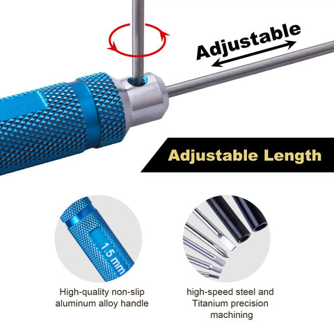 Close-up of 1.5mm hex screwdriver from 11 in 1 Pro Multi RC Tool Kit Box Set With Hex Drivers Allen Keys Pliers Wrench for RC Cars Drones Planes Boats.