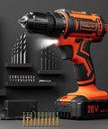 Cordless Drill Set For DIY Projects Go To 20V Power Drill With 2Ah Battery And Charger Three Eighths Inch Keyless Chuck 25 Plus 1 Clutch 42 Piece Drill Driver Bits And Screws Kit Orange