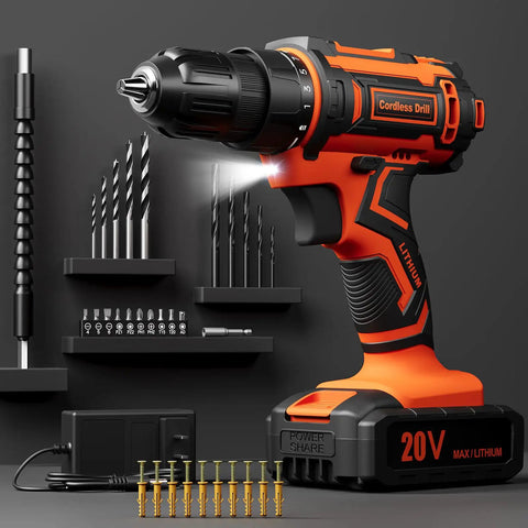 Cordless Drill Set For DIY Projects Go To 20V Power Drill With 2Ah Battery And Charger Three Eighths Inch Keyless Chuck 25 Plus 1 Clutch 42 Piece Drill Driver Bits And Screws Kit Orange