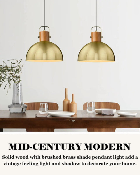 Dome Pendant Light With Rubber Wood Stem And Brushed Brass Shade 12 Inch Vintage Industrial Vibe For Kitchen Island