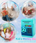Electronic Piggy Bank With Password Lock for Kids ATM Style Money Saver Box shown with children receiving gifts
