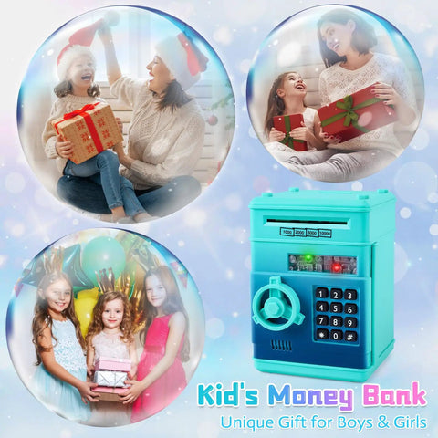 Electronic Piggy Bank With Password Lock for Kids ATM Style Money Saver Box shown with children receiving gifts
