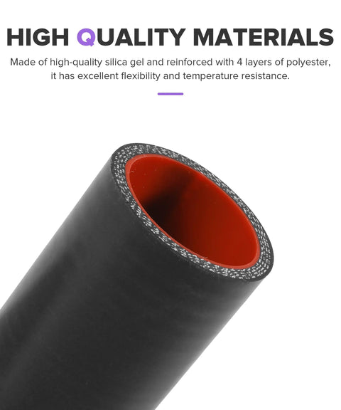 Heavy Duty Universal Straight Silicone Hose Coupler With Two Secure Metal Clamps For Car Radiator And Intake Pipes showing black and red silicone with four-layer construction.