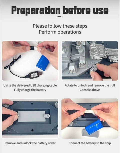 Step-by-step guide for Boss Battleship Boat Twin Electric Engines 2.4G Remote Control Warship battery setup and installation.