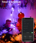RGB Fairy String Lights 33ft With 66 LEDs App Control 44 Modes Color Changing Music Sync Waterproof For Indoor And Outdoor Decor Ideal For Halloween Christmas Parties Plug In With Timer Easy Vibe Enhancement illuminating Halloween decor with pumpkins and smartphone control interface.