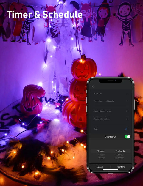 RGB Fairy String Lights 33ft With 66 LEDs App Control 44 Modes Color Changing Music Sync Waterproof For Indoor And Outdoor Decor Ideal For Halloween Christmas Parties Plug In With Timer Easy Vibe Enhancement illuminating Halloween decor with pumpkins and smartphone control interface.