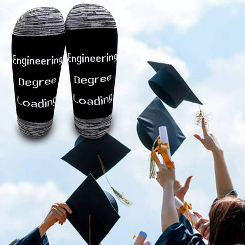 Funny Engineering Socks Gift For Him Two Pair Set Mid Calf Unisex Size 4-13 Ideal Graduation Gift with "Engineering Degree Loading" text.