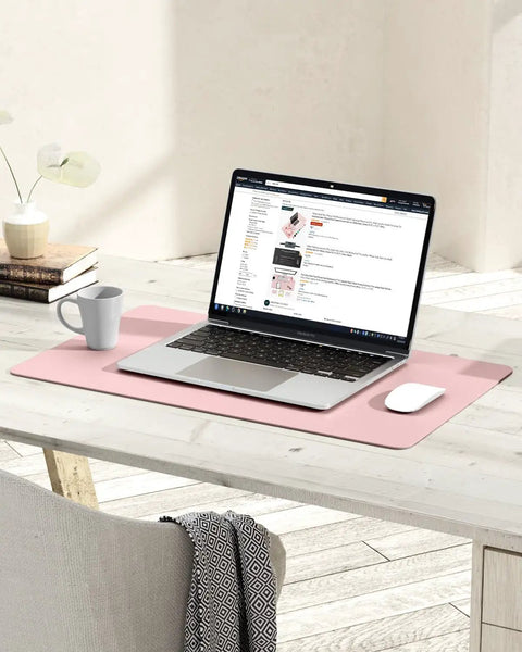Pink Non Slip Leather Desk Pad With Waterproof Top For Laptop And Keyboard Large 23.6 By 13.7 Inches on office desk