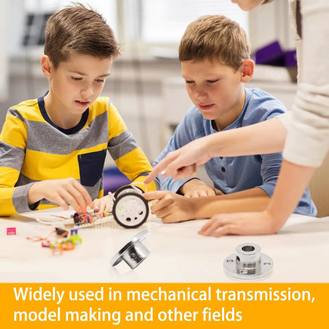Children assembling model with 4 Piece 8mm Rigid Flange Shaft Coupling Kit With Set Screws And Included Wrench, fittings shown close-up.