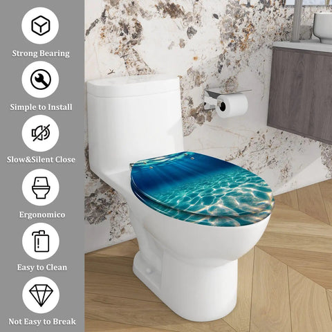 Elongated Toilet Seat Resin for Bathroom in a stylish design, fitted to a white toilet, showcasing water pattern.