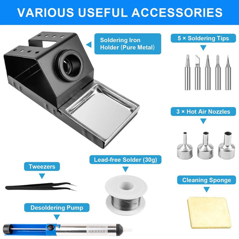2 In 1 Hot Air Rework Soldering Station Kit With Rapid Heat Up, Dual Independent Control, Auto Sleep And Calibration accessories