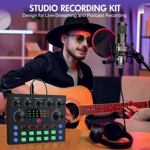 Musician using Upgraded Podcast Equipment Bundle For Two Hosts With BM-800 Microphone V8s Sound Card And DJ Mixer All In One Kit.