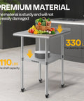 Front view of Stainless Steel 24x24 Inch Work Table With Backsplash And Wheels Durable Prep Station in a kitchen setting.
