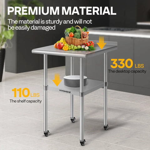 Front view of Stainless Steel 24x24 Inch Work Table With Backsplash And Wheels Durable Prep Station in a kitchen setting.