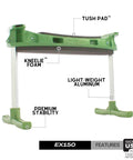 Ergonomic Garden Kneeler With Tush Pad And Handles For Pain Free Kneeling While Gardening Senior Friendly Versatile Garden Stool Kneeler Lightweight Yet Sturdy Made In USA showing foam pad, aluminum frame, and USA made label.