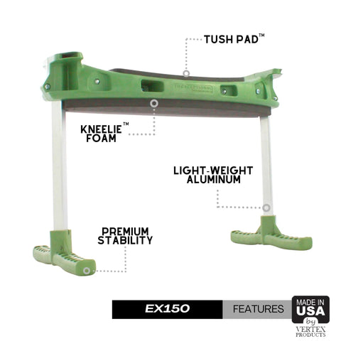 Ergonomic Garden Kneeler With Tush Pad And Handles For Pain Free Kneeling While Gardening Senior Friendly Versatile Garden Stool Kneeler Lightweight Yet Sturdy Made In USA showing foam pad, aluminum frame, and USA made label.