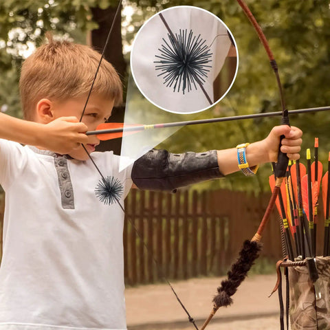Child using a recurve bow with 4 Pack Bow String Silencers Dampeners For Recurve And Compound Bows, Noise Reduction And Vibration Dampening