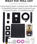 12 Inch Matte Black Shower System With Luxury Rain Mixer And Ceiling Rainfall Head Complete Shower Set With Brass Valve Rough In Trim Kit components
