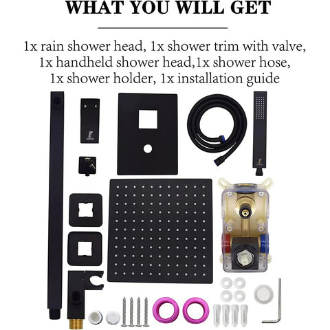 12 Inch Matte Black Shower System With Luxury Rain Mixer And Ceiling Rainfall Head Complete Shower Set With Brass Valve Rough In Trim Kit components