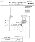 Diagram of Pop Up Drain Stopper Assembly With Lift Rod And Overflow for bathroom sink, showing all parts and dimensions.