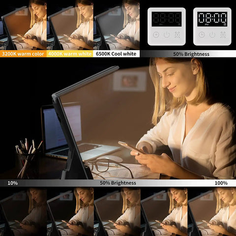 LED Desk Lamp With Wireless Charger 3 in 1 Fast Charging Station Touch Control Desk Lamp With Clock Alarm 3 Lighting Modes And Stepless Dimming For Home Office Eye Caring Black showing color and brightness settings with user interaction.