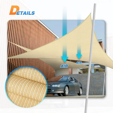 Beige 6 Ft Triangle Sun Shade Sail For Patio Pergola Backyard Deck Carport UV Blocking Permeable HDPE Knit Fabric, installed over a car.