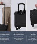 Close-up of 14 Inch Underseat Carry On Luggage With Spinner Wheels And USB Charging Port, Lightweight Wheeled Suitcase For Airlines.